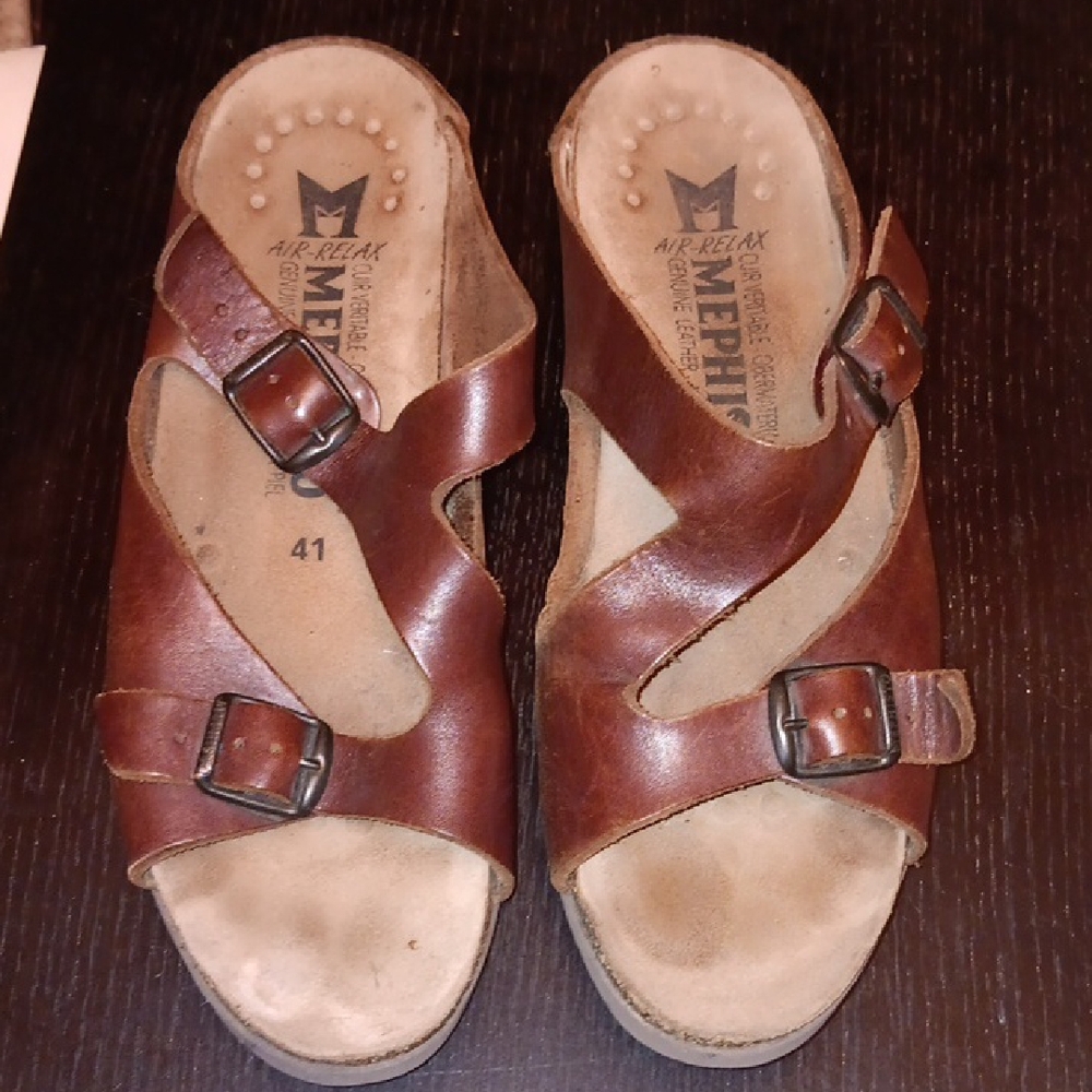 Mephisto Chestnut Leather Buckle Sandals